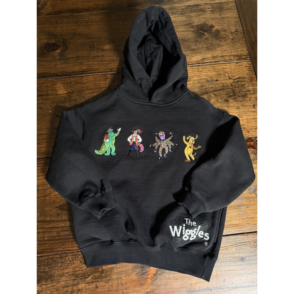 Vintage The Wiggles Kids Black Hoodie Embroidered Characters Sweatshirt